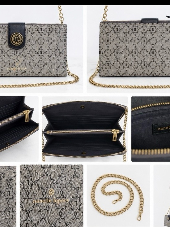 Handbags - Nanette Lepore Navy Patterned Crossbody Bag with Gold Chain